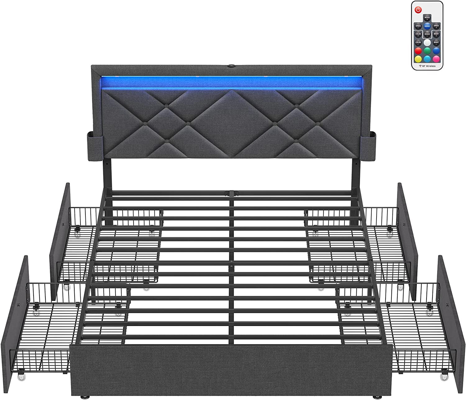 VASAGLE LED Bed Frame Full Size with Headboard and 4 Drawers，Adjustable