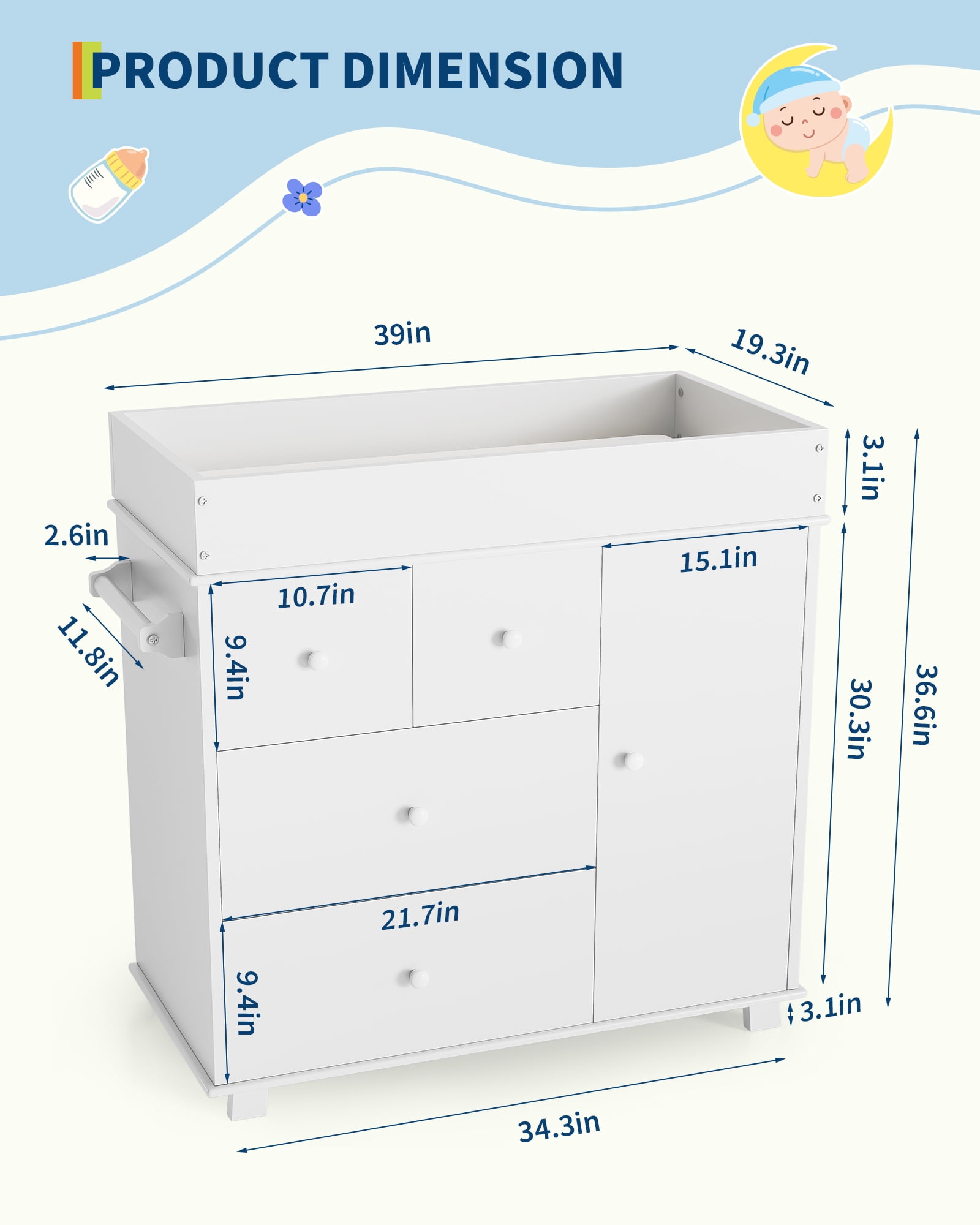 Roromall Baby Dresser with Changing Table Top, 4 Drawers Nursery Dresser with Door, Infant Diaper Changing Station Baby Cloth Organizer for Nursery and Bedroom