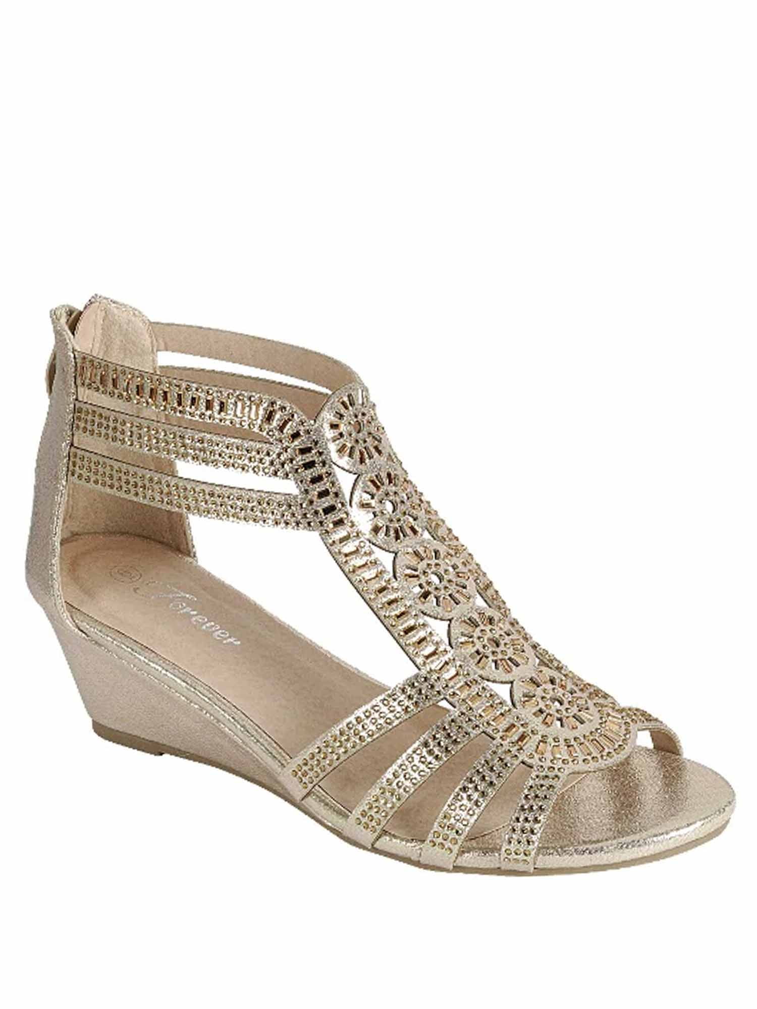 Ladies Rose Gold Champagne Low Wedge Heel Sparkly Diamante Sandal Holiday shoe 