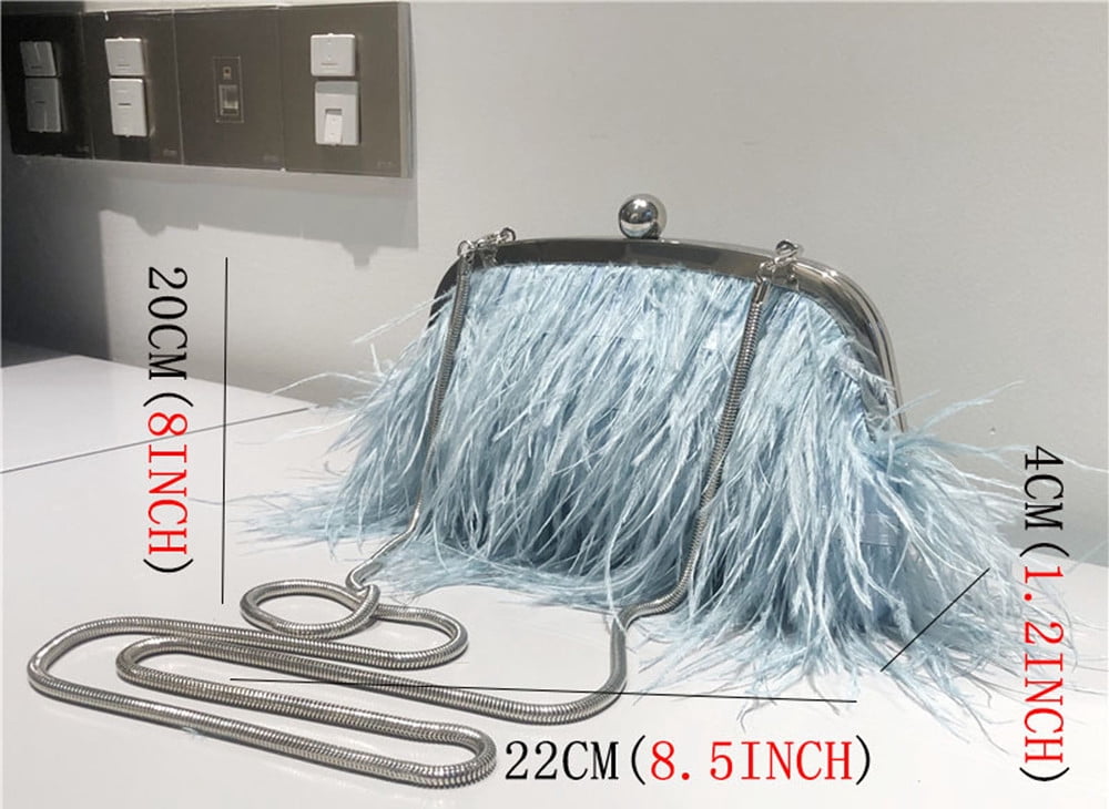 Vintage Fluffy Ostrich Feather Evening bags and Clutches for Women Pearl Chain Tote bags Bridal Purses Wedding Party Blue