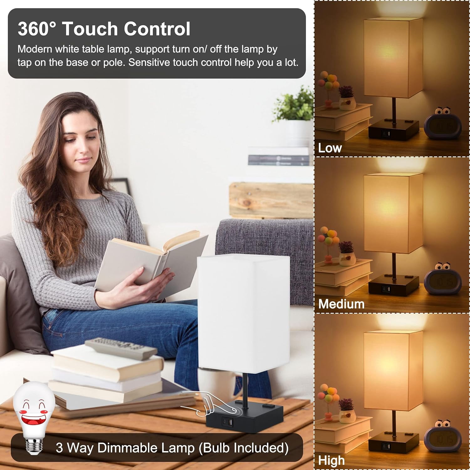 Sailstar Upgraded Bedside Lamp with USB C+A Charging Ports & 2AC Outlets, White Table Lamps for Bedroom, 3 Way Dimmable Touch Lamp, Small Space Nightstand Lamp for End Table, Bulb Included
