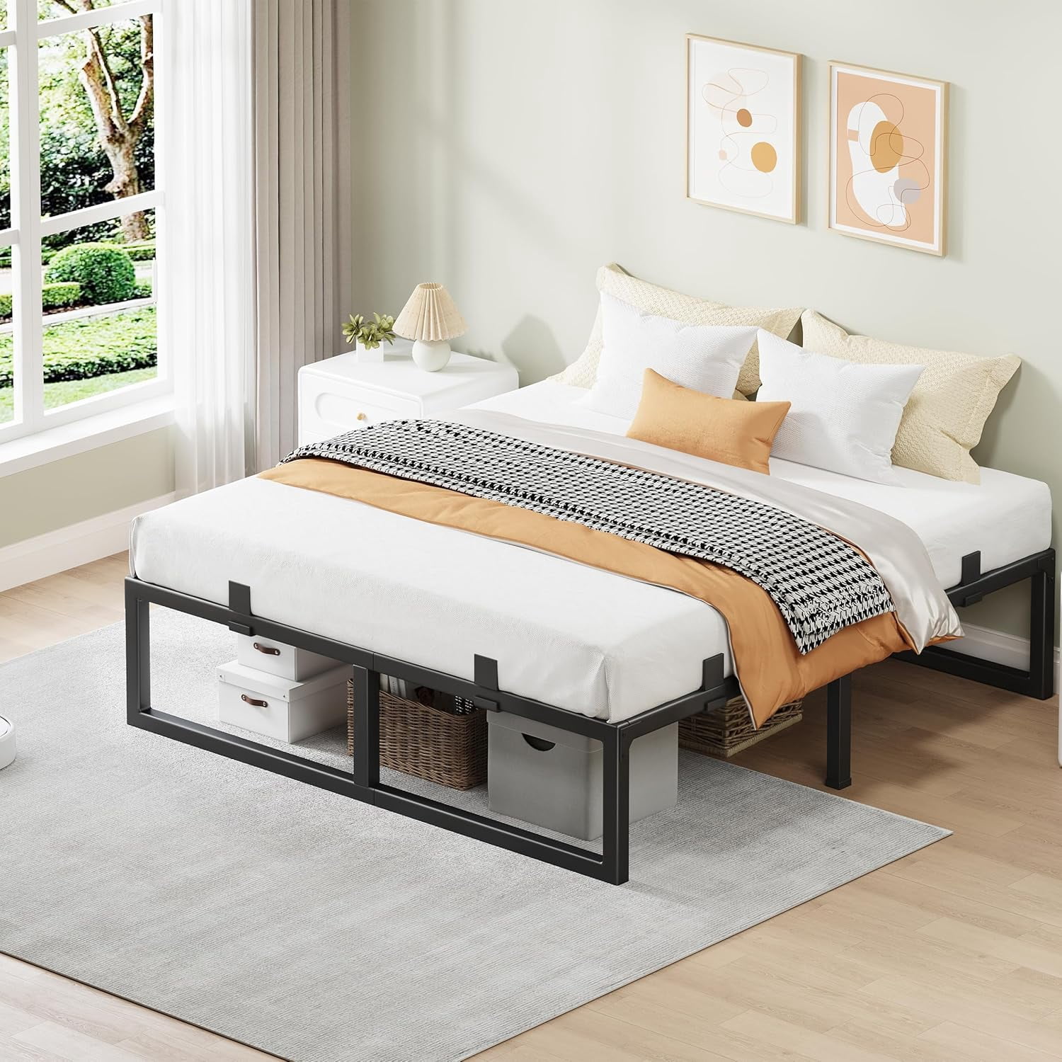 18-Inch Queen Size Metal Platform Bed Frame with Squeak-Free U-Slot Design, 3500 lbs Capacity, Under Bed Storage, Black