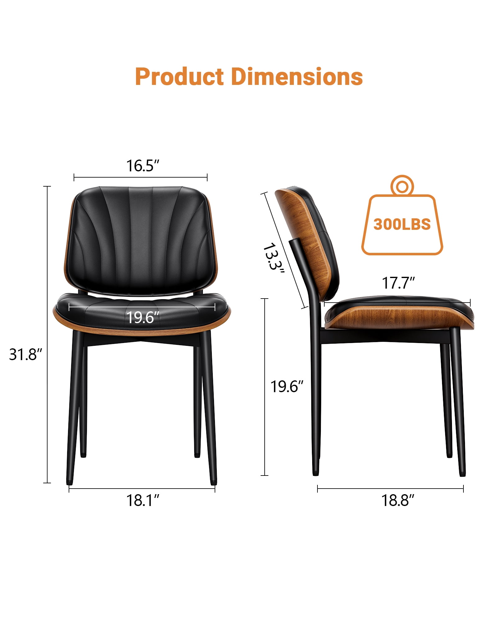GIKPAL Mid Century Modern Walnut Back PU Faux Leather Dining Chairs, Black (Set of 2)