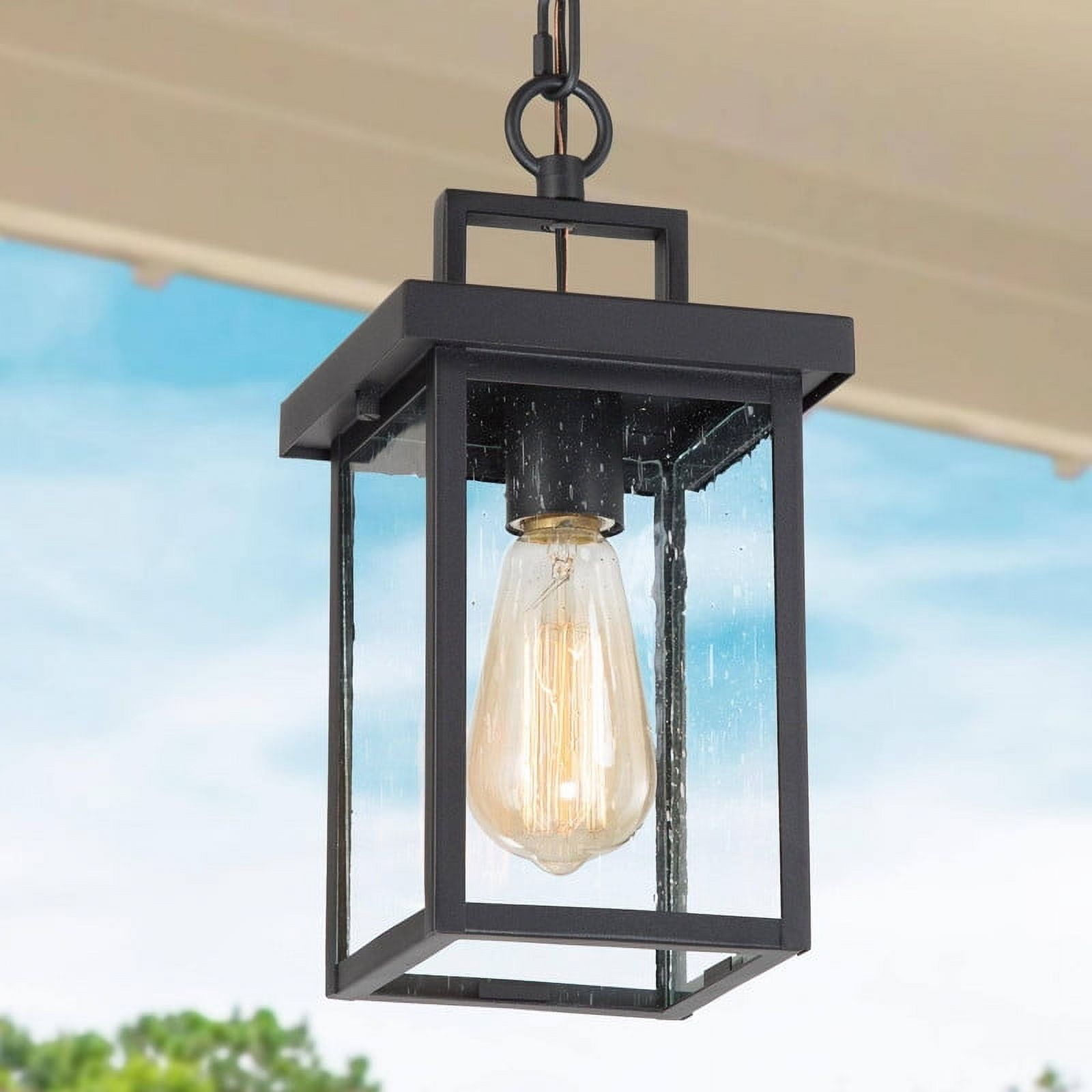 LNC Outdoor Pendant Light withseeded Glass, Blacksquare Hanging Lantern Fixture for Porch