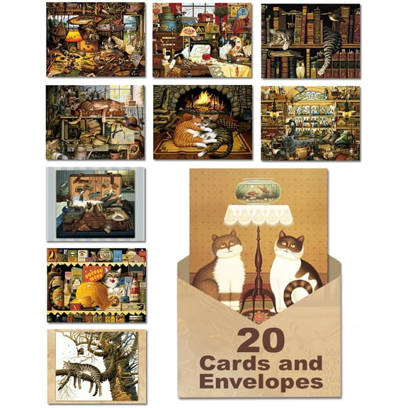 Leanin' Tree, Cat Tales, 20 Blank Cards and Envelopes 5x7, Cute Stationery for Women, Blank Note Cards, Blank Note Cards and Envelope