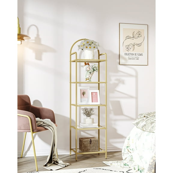 Hzuaneri 5 Tier Steel and Glass Ladder Bookshelf, Gold