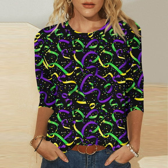 xixinqiwan Mardi Gras Clothing for Women,Women's Carnival Parade Street New Orleans T-Shirt Long Sleeve Mask Graphic Funny Tee