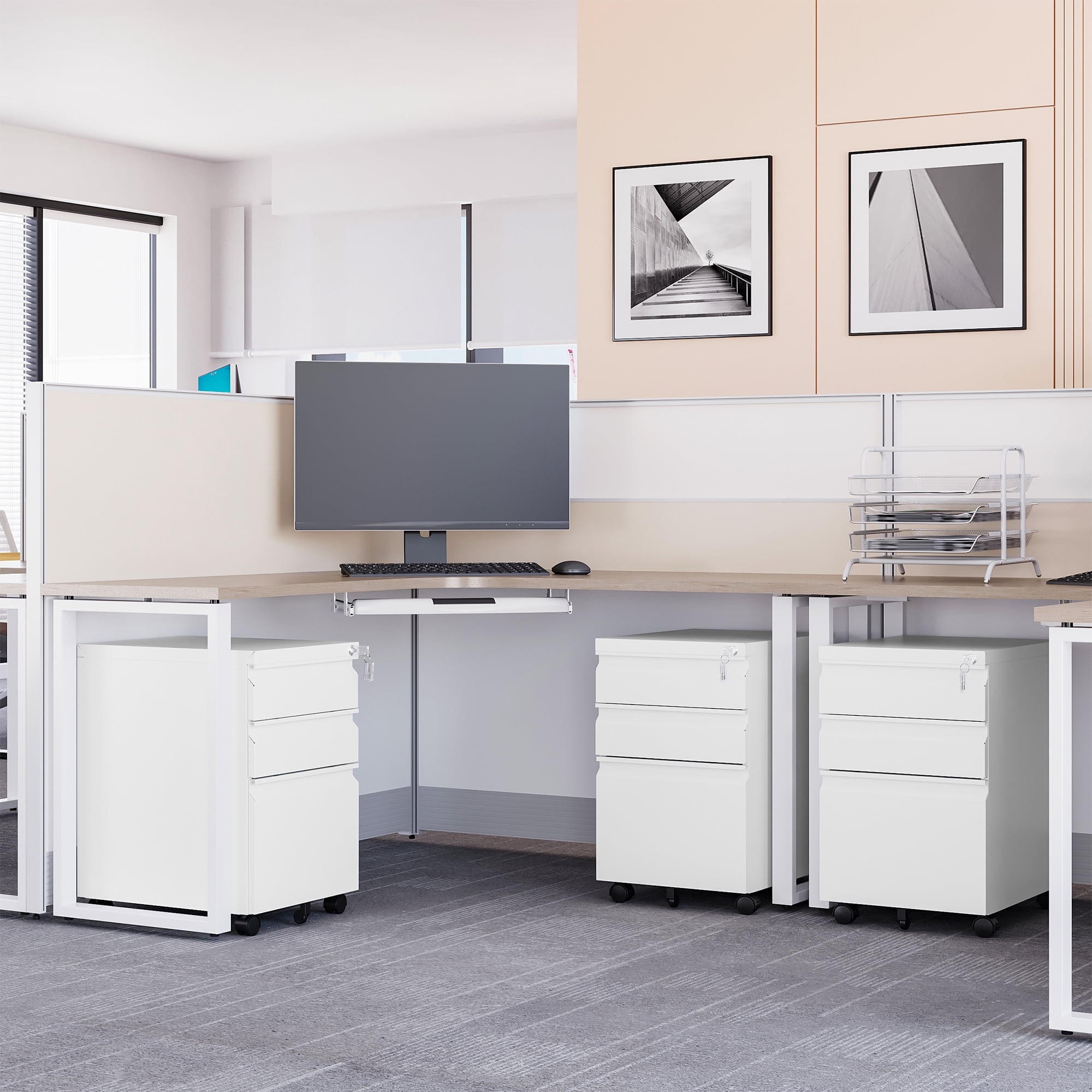 AUHUP 3 Drawer Mobile File Cabinet with Lock, Metal Filing Cabinet with Wheels for Legal/Letter/A4 File, Under Desk File Cabinets for Home Office,White,Fully Assembled
