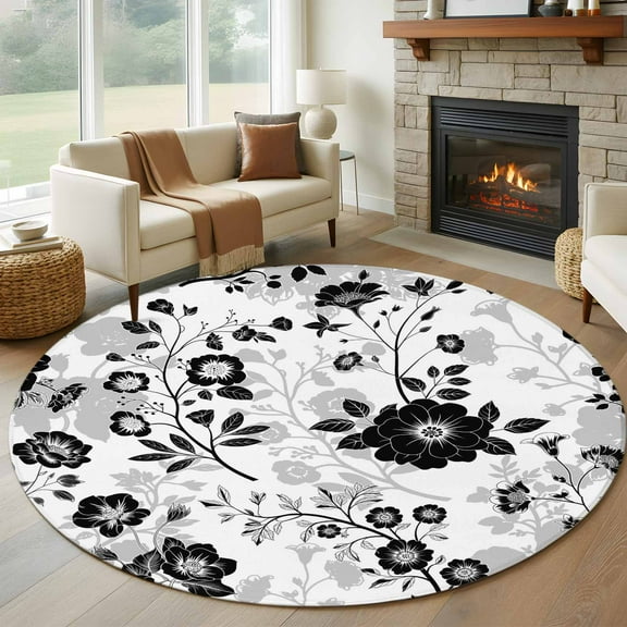 Vintage Flowers Round Rug 5ft Washable Circle Kitchen Rugs Non Slip Black White Farmhouse Floral Plants Large Area Rug Indoor Floor Carpet for Bedroom Living Room Home Office Dining Room Nursery