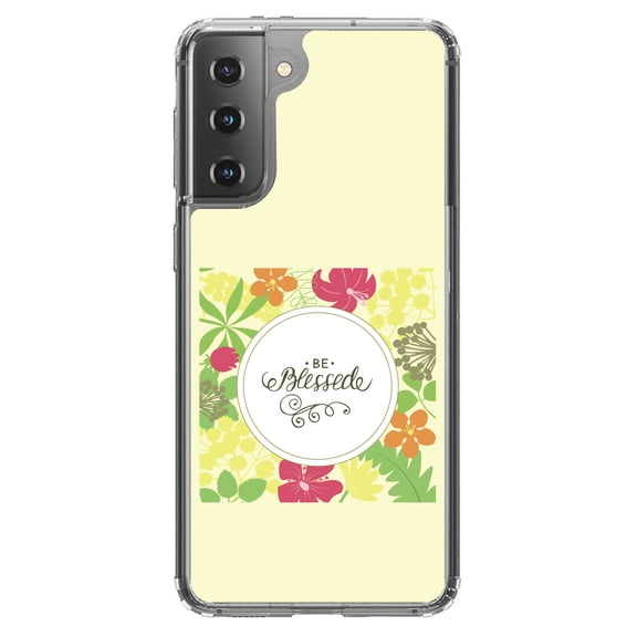 DistinctInk Clear Shockproof Hybrid Case for Galaxy S21  PLUS 5G (6.7" Screen) - TPU Bumper, Acrylic Back, Tempered Glass Screen Protector - Be Blessed - Floral Pattern Yellow