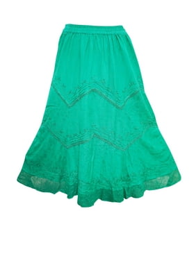 Mogul Peasant Skirt Green Embroidered Elastic Waist Maxi Skirts