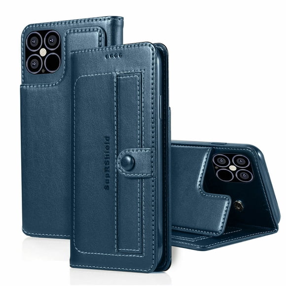 iPhone 12 Case Wallet, SuperShield Apple iPhone 12 Wallet Case Card Holder Flip Leather Magnetic Cover - Blue
