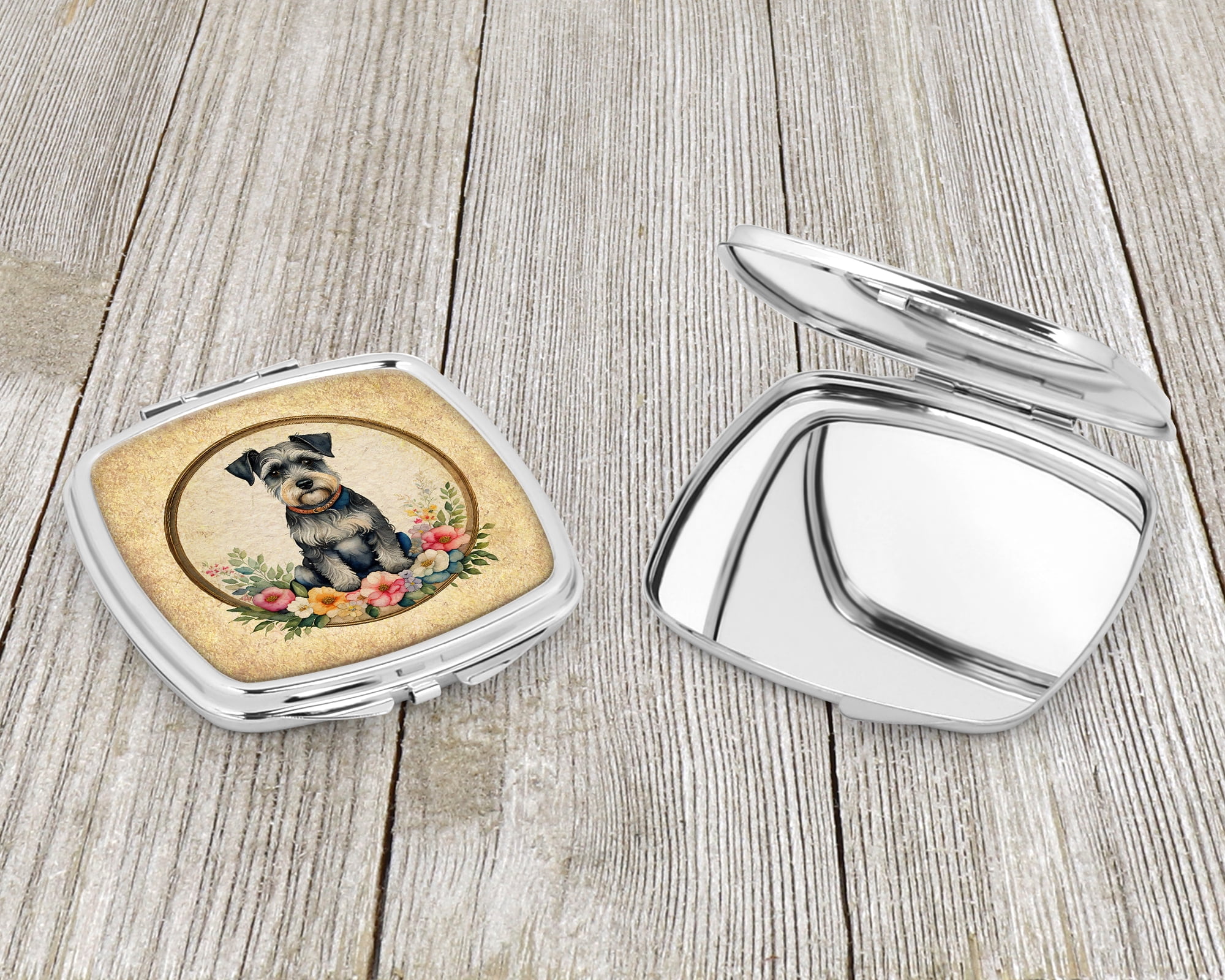 Schnauzer and Flowers Compact Mirror 2.75 in x 3 in