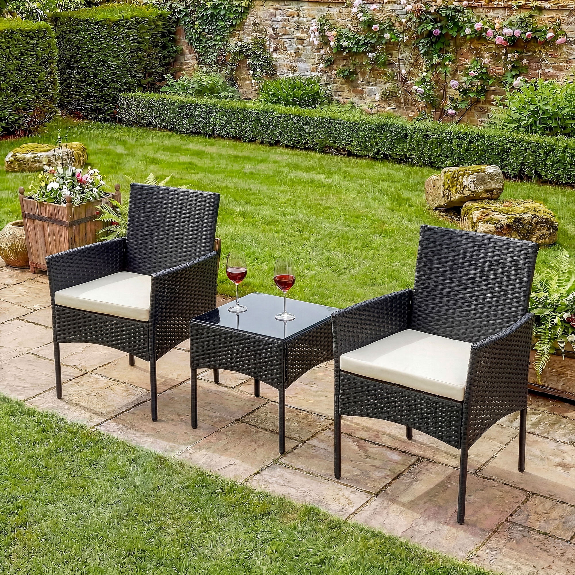 EDX 3-Piece Patio Conversation Set, All-Weather PE Rattan Outdoor Furniture with Wicker Chairs, Tempered Glass Table, Washable Cushions, Black/Beige