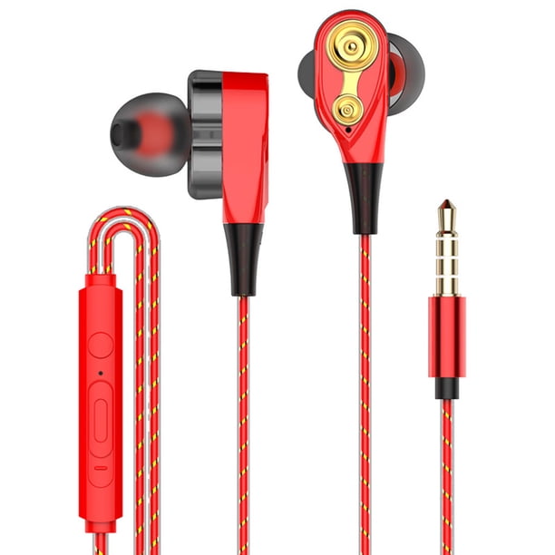 Methold Gran oferta, 1 par de auriculares con cable, auriculares intrauditivos estéreo de doble unidad de graves altos con micrófono, Teléfono y Comunicación rojo Línea de patrón de 2 trompetas