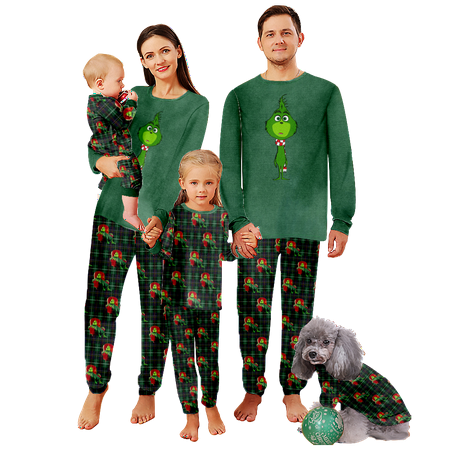 

FUNIER Family Matching Christmas Pajamas The Grinch Plaid Print Baby-Kids-Adult-Pet Size 2-Piece Top and Pants Bodysuits Pajamas Set