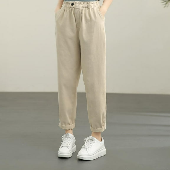 Odbmxy Plus Size Womens Pants Long Cotton Elastic Waist Womens Trousers Solid Beige Slim-Leg Business with Pockets Loose Pants,XXL