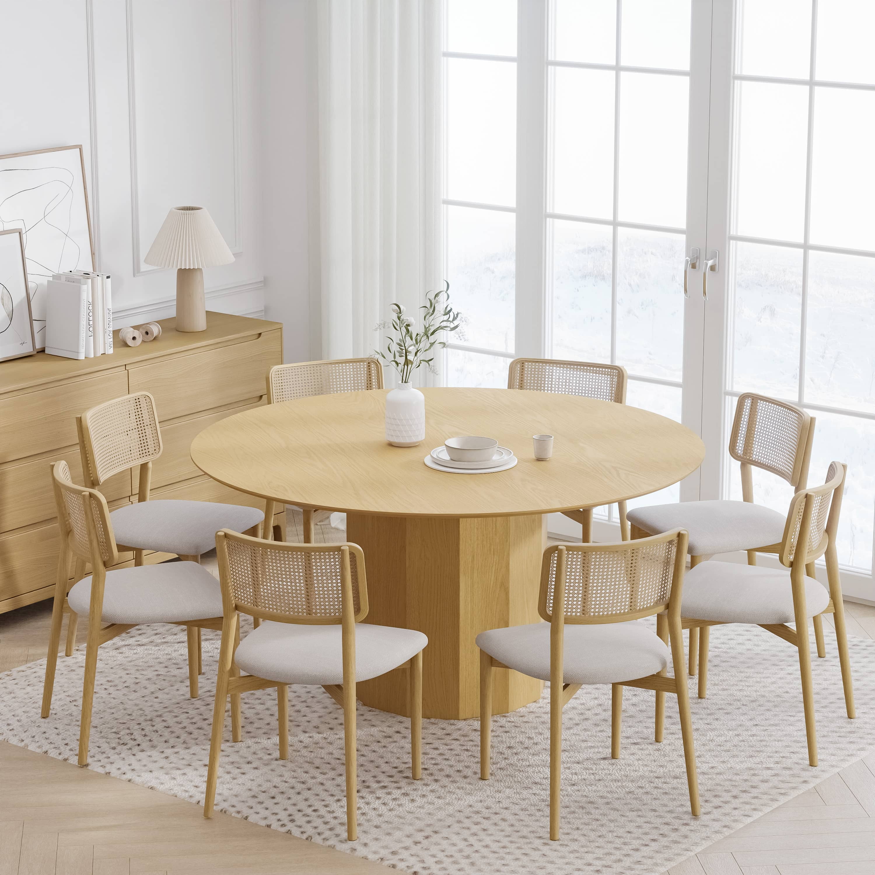 MAYEERTY 60" Round Dining Tables, Mid-Century Dining Table for Dining Room Kitchen, Natural Wood