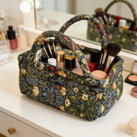 Floral Quilted Storage Basket with Handles Decorative Fabric Organizer for Home Office Bedroom Books Magazines 8.7x4.7x4.7 Inch