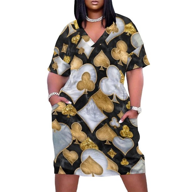 Trajes de cartas con patrón de símbolos para mujer vestido de noche holgado con bolsillo negro Perla y dorado ropa de lujo