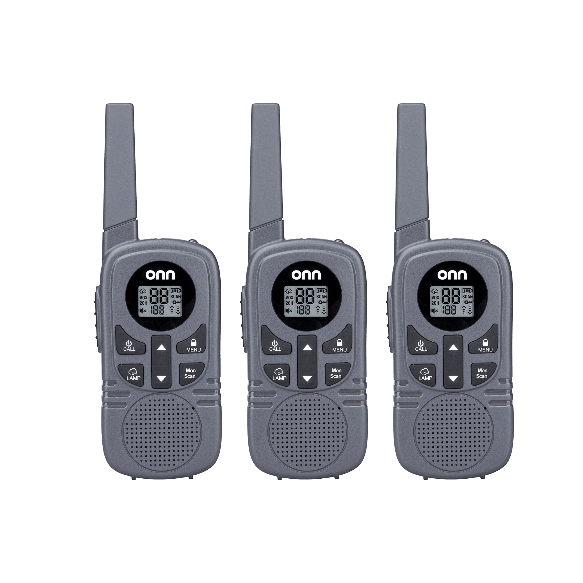 onn Two-Way Radios Walkie Talkies with LED Light, 22 FRS Channels, Up to 23 Mile Range, 3 Count