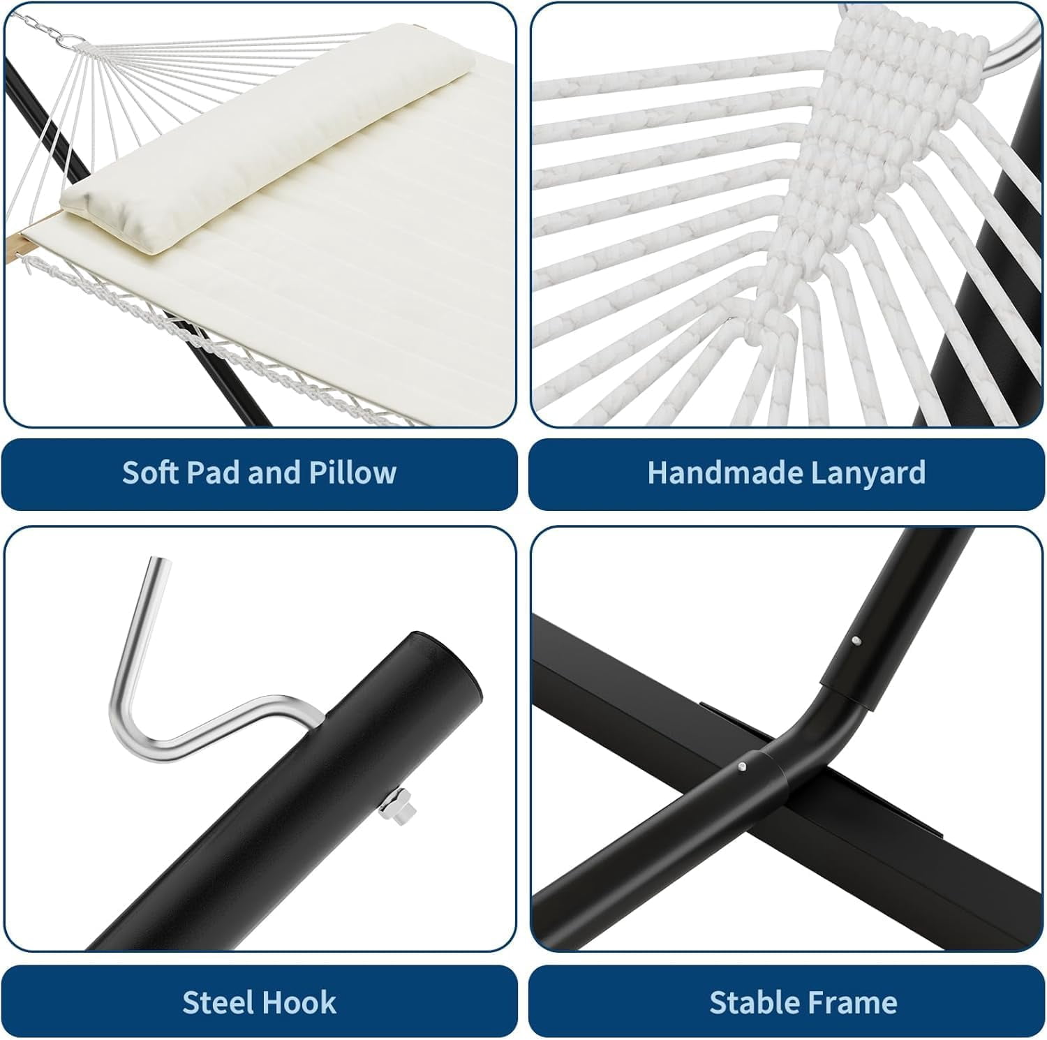 WildBreak Flat Double Hammock, with Steel Stand & Carry Bag, 143.7 x 36.2 x 43.3", Off-white