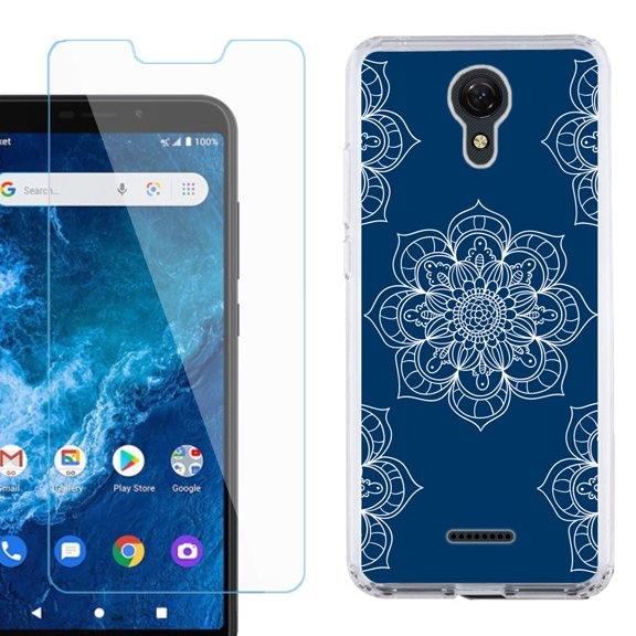 Slim-Fit Protective Phone Case compatible with Cricket Icon 2, with Tempered Glass Screen Protector, by OneToughShield ® - Mandala / Blue