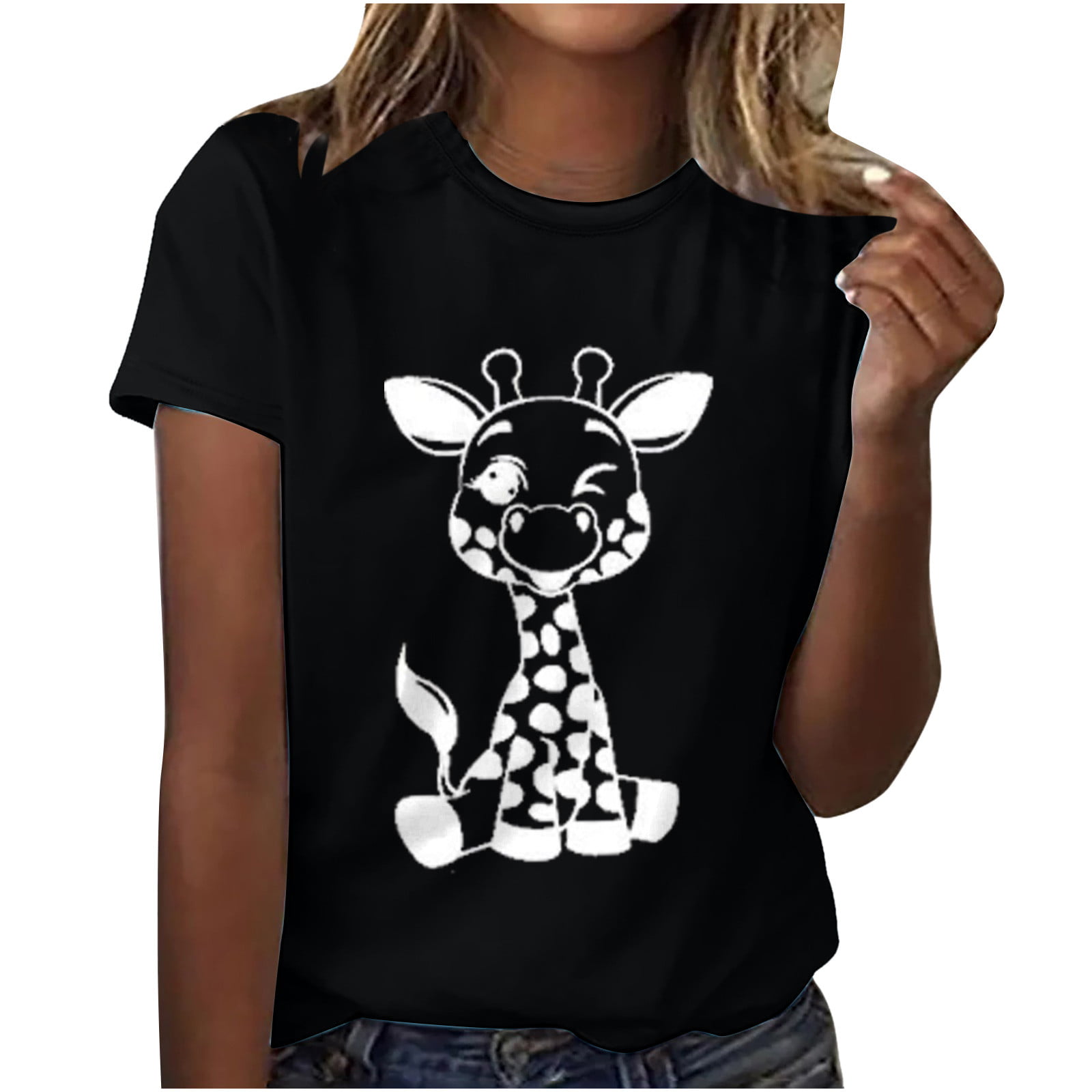 Giraffe Party T shirt for Women White with Animal Print Sleeves