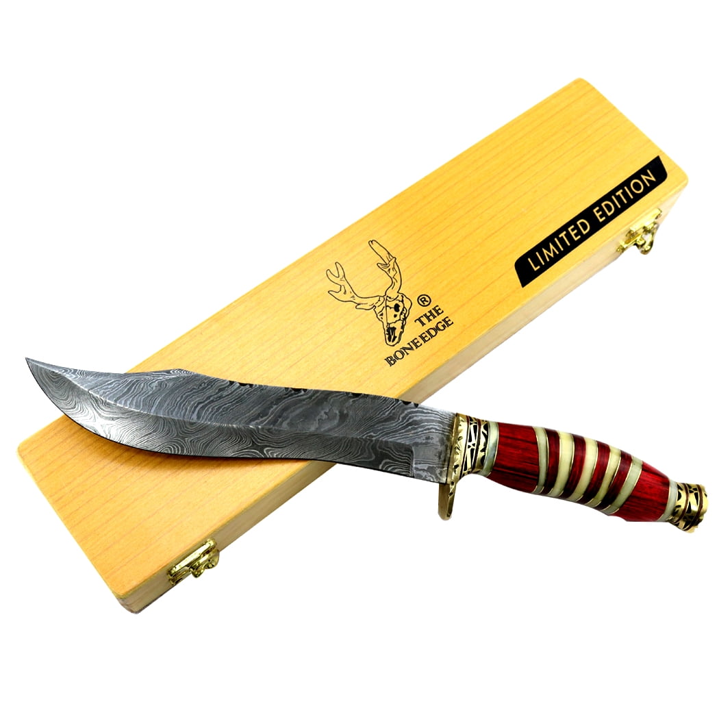TheBoneEdge 13' Damascus Steel Fixed Blade Hand Forged Bone & Wood Handle Knife