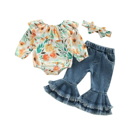 

Baby Girl Outfit Infant Ruffle Floral Long Sleeve Romper Onesie Top Bell-Bottom Denim Pants Sets Cute Clothes 3M 6M 9M 12M 24M