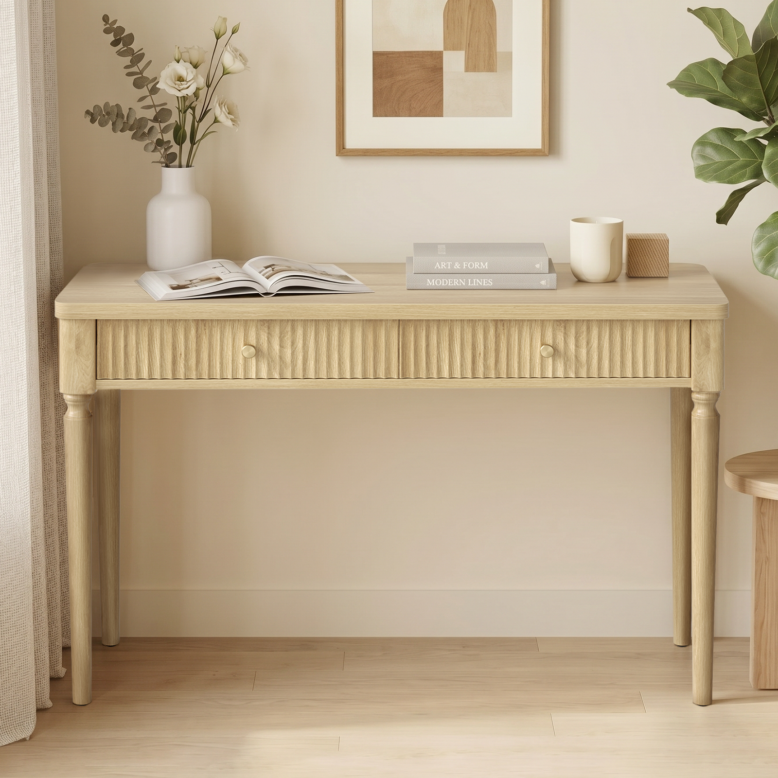 Bestier Wooden Writing Desk with Drawers, Natural Oak photo 7