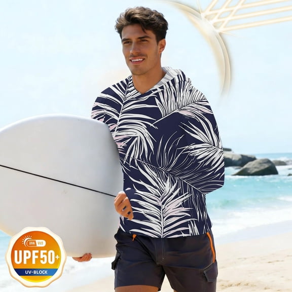 VBVC Men's Tropical Leaf UPF 50 Sun Protection Hoodie,UV Block Lightweight Quick Dry Rash Guard Shirt for Men,Dark Blue,S-3XL