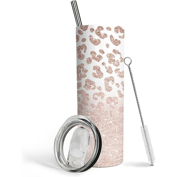 Pink Leopard Print Tumbler for Women - 20oz Stainless Steel Insulated Travel Mug with Lid and Straw, Coffee Cup
