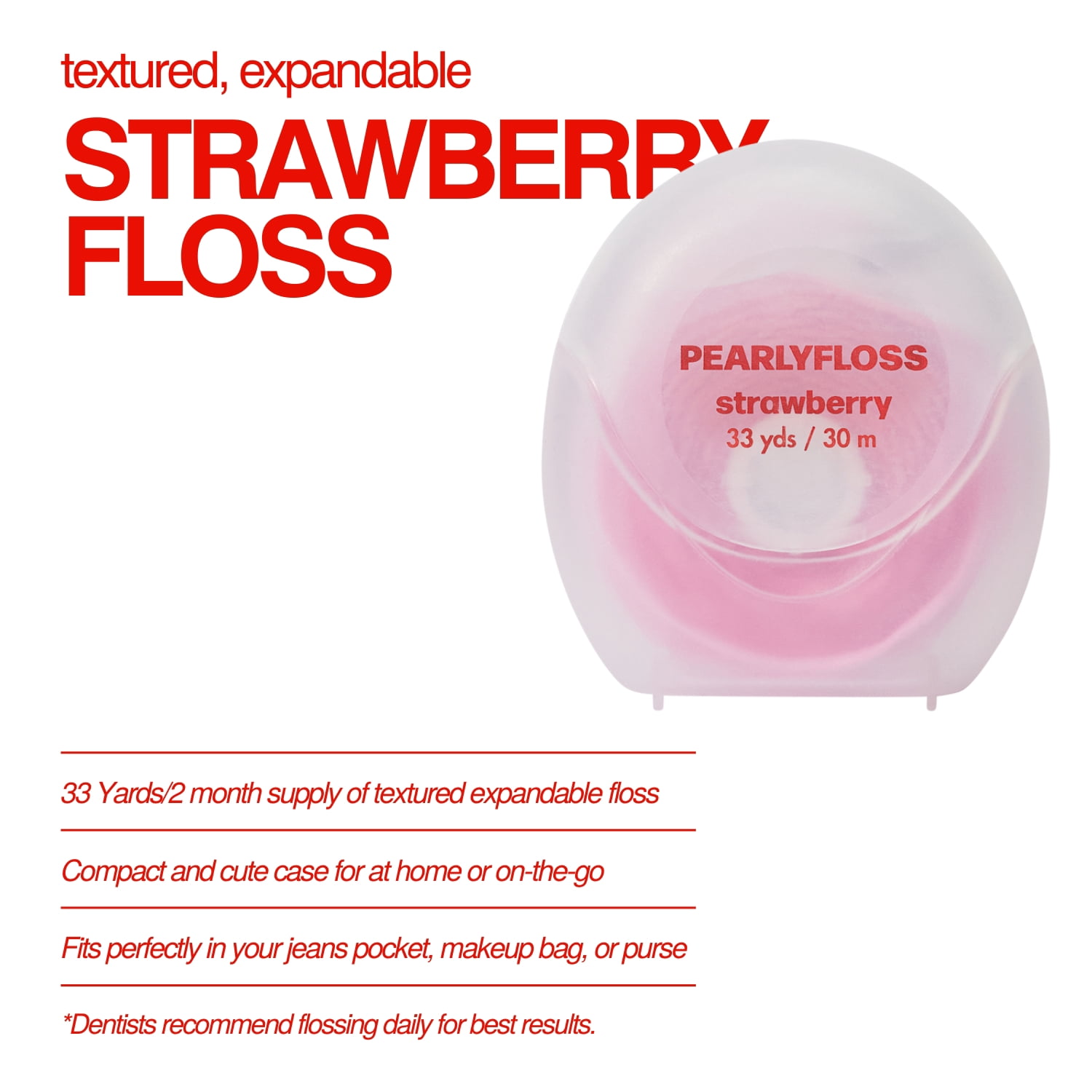 PearlyFloss Strawberry Dental Floss, 33 Yards