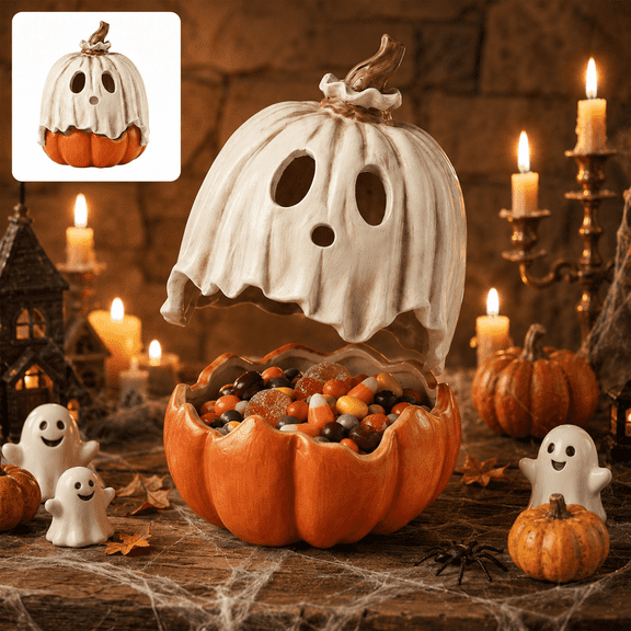Clearance Detachable Pumpkin Ghost Candy Bowl, 11.8 Inch Halloween Pumpkin Container with Removable Ghost Mask Lid, Spooky Tabletop Decor for Halloween Party Supplies