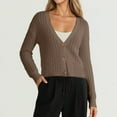 thumbnail image 2 of Wang6 Women Lightweight Cropped Cardigans Sweaters Trendy Long Sleeve Button Cable Knit Sweater Fall V Neck Knitted Outwear Tops Khaki One Size, 2 of 5