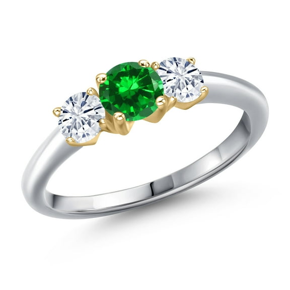 Gem Stone King 925 Silver and 10K Yellow Gold Green Created Emerald and White Moissanite Engagement Ring for Women | 1.30 Cttw | Round 5MM | Gemstone May Birthstone | Size 8