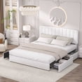 thumbnail image 2 of VECELO Upholstered Platform Bed Frame with 4 Storage Drawers, King Size Bed Frame with Adjustable Headboard, No Box Spring Needed, White, 2 of 7