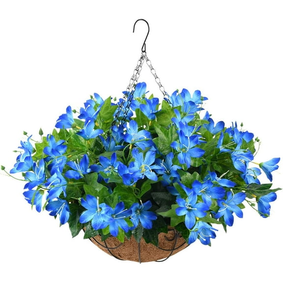 Artificial Flowers Hanging Basket for Outdoor Indoor, Fake Orchid Flowers in Coconut Lining Hanging Basket for Home Courtyard Decoration, 5 Branches Flowers in '' Basket(Blue)
