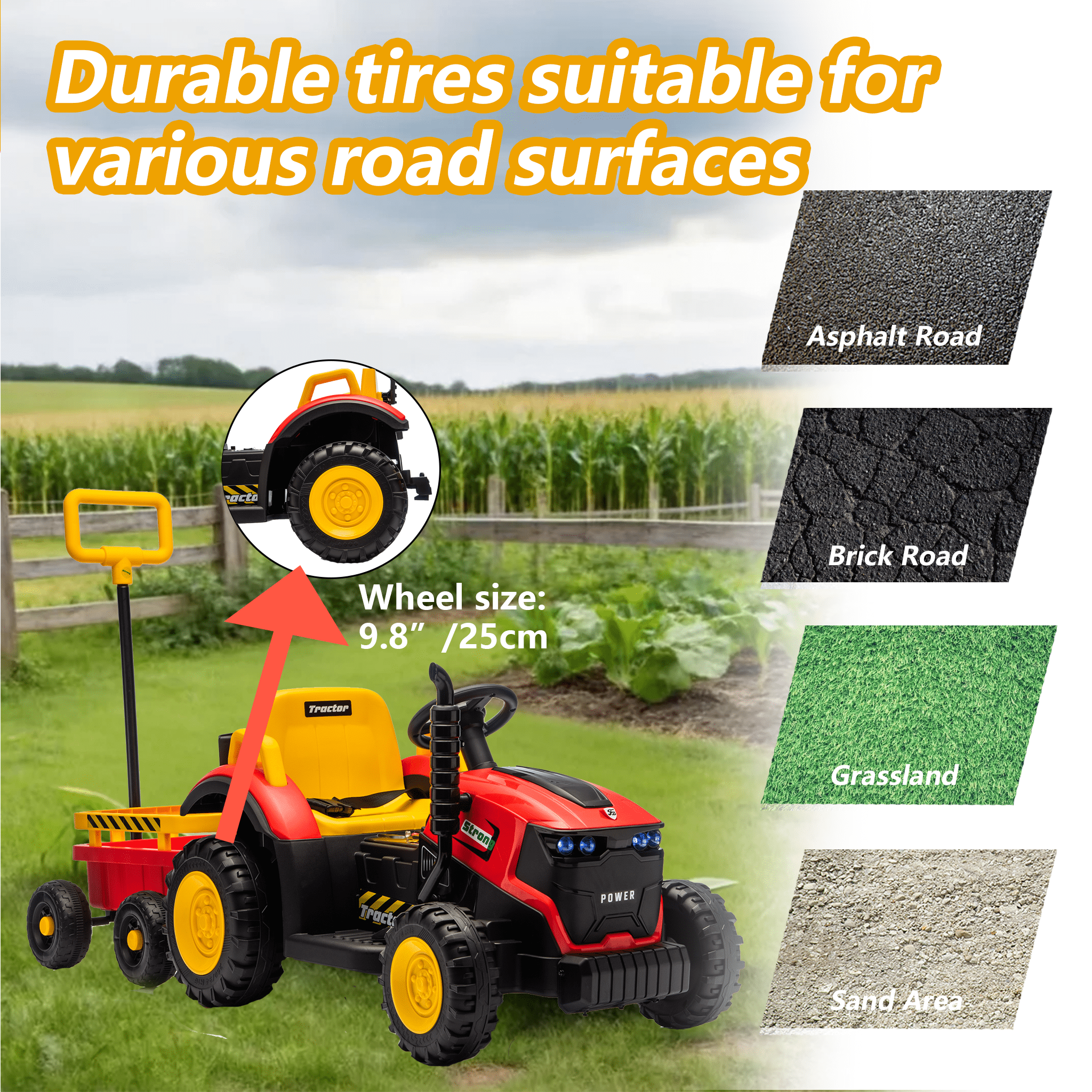Juuar 12V 390W Kids Ride on Car for Boys Girls Ages 3 4 5 6 Years Old, Farm Tractor Ride on Toys with Trailer, Lights & Music, 5 MPH Fun Electric ATV with Remote Control for Birthday Gifts, Red