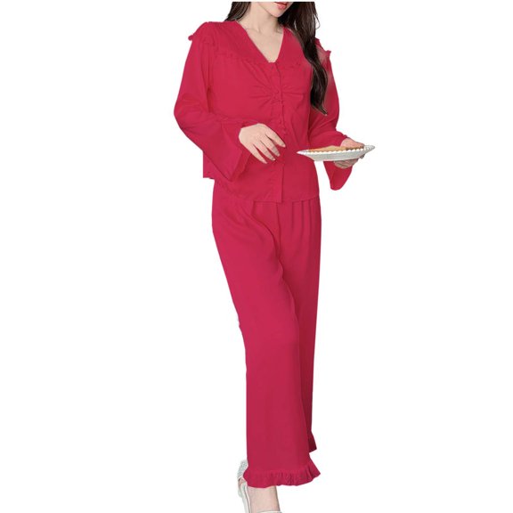 Pajama Sets for Women Trendy V-Neck Long Sleeve Top and Pants Casual Sleepwear Lounge Home Wear