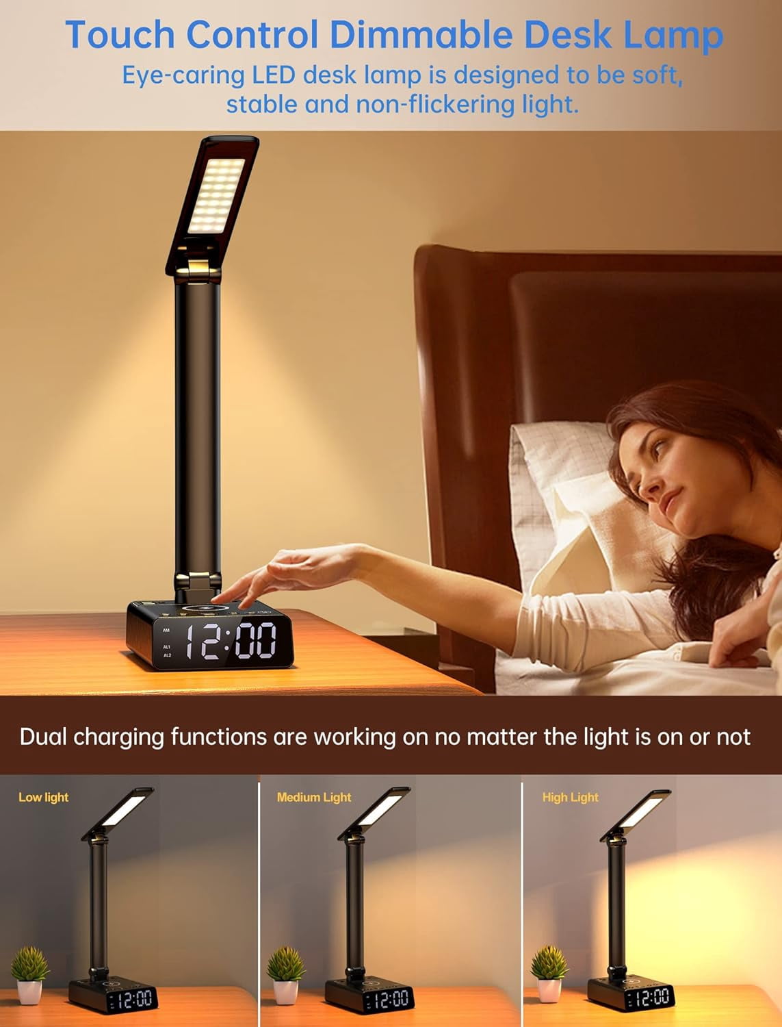 Desk Reading Lamp - 3 Adjustable Brightness Levels with USB C and A Ports - Black Alarm Clock Bedside Lamp with Wireless Charging for Reading Lighting