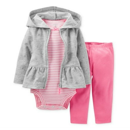 

Carters Infant Girls 3 Piece Set Gray Dot Hoodie Pink Leggings Stripe Shirt 6m