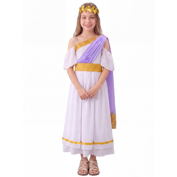Joyfy Girls Greek Goddess Costume Kids White Dress with Purple Palla & Laurel Wreath Headband Outfits Set for Halloween Party Dress up Cosplay