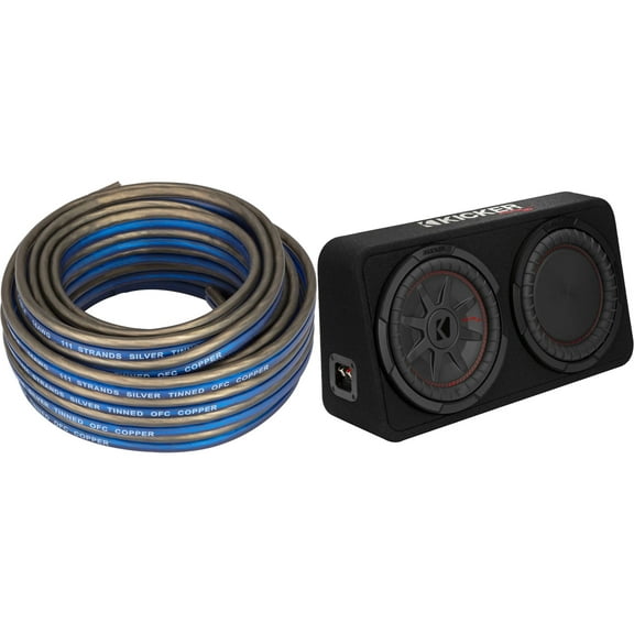 Kicker 48TCWRT102 CompRT 10" subwoofer in thin profile enclosure, 2ohm with Speaker Wire Bundle
