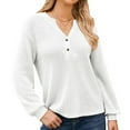 thumbnail image 2 of Women'S V Neck Waffle Knit Henley Tops Casual Long Sleeve Pullover Sweater Blouses White L, 2 of 9