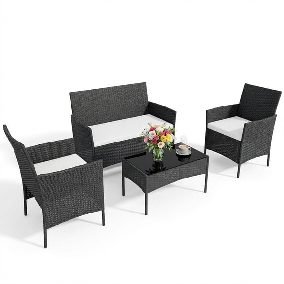 4-Piece All-Weather PE Rattan Patio Set, Wicker Chairs with Waterproof Cushions & Tempered Glass Side Table – Modern Conversation Furniture for Garden, Backyard, Porch or Poolside