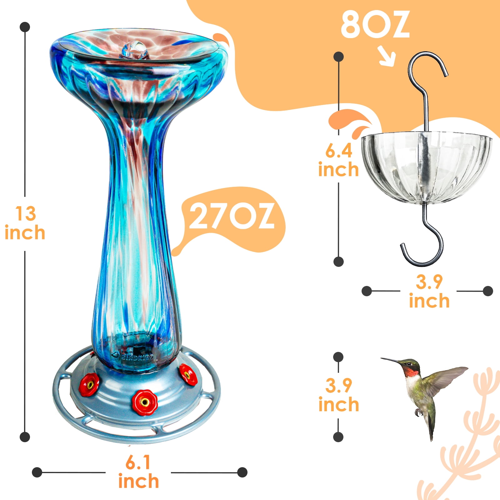 Birdkiss 28 oz Hand Blown Glass Hummingbird Feeders with Ant Moat Hook, Garden Backyard Patio Decor