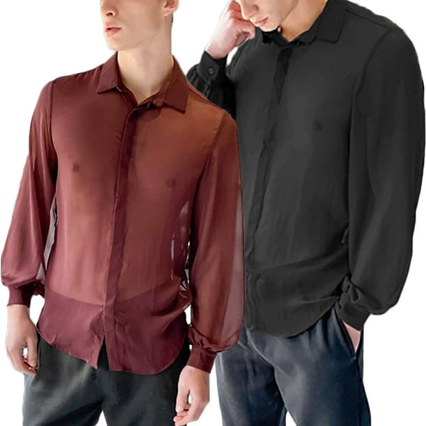 Men's See Through Tops Shirt Long Sleeve Breathable Lapel Baggy T-Shirt  Black & Red