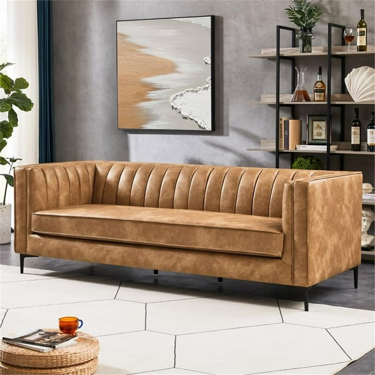 Kendrix Tufted Mid Century Modern 84'' Leather Couch in